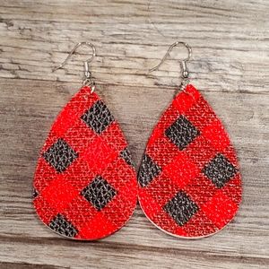 Red Plaid Leather Earrings